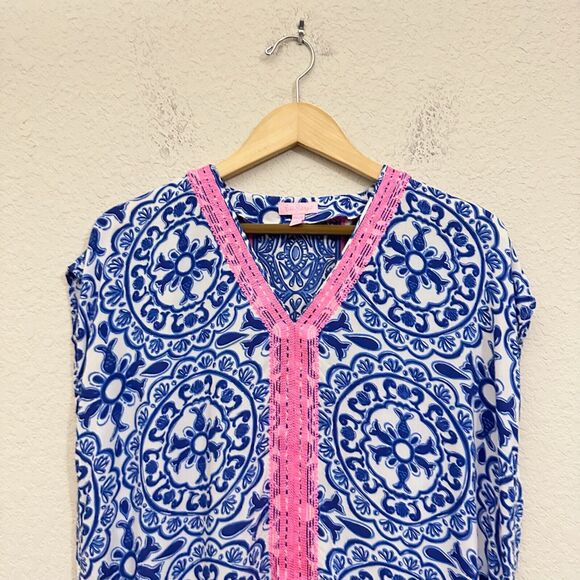 LILLY PULITZER Sydney Caftan Top Blue Floral Sleeveless Vacay - Picture 4 of 11